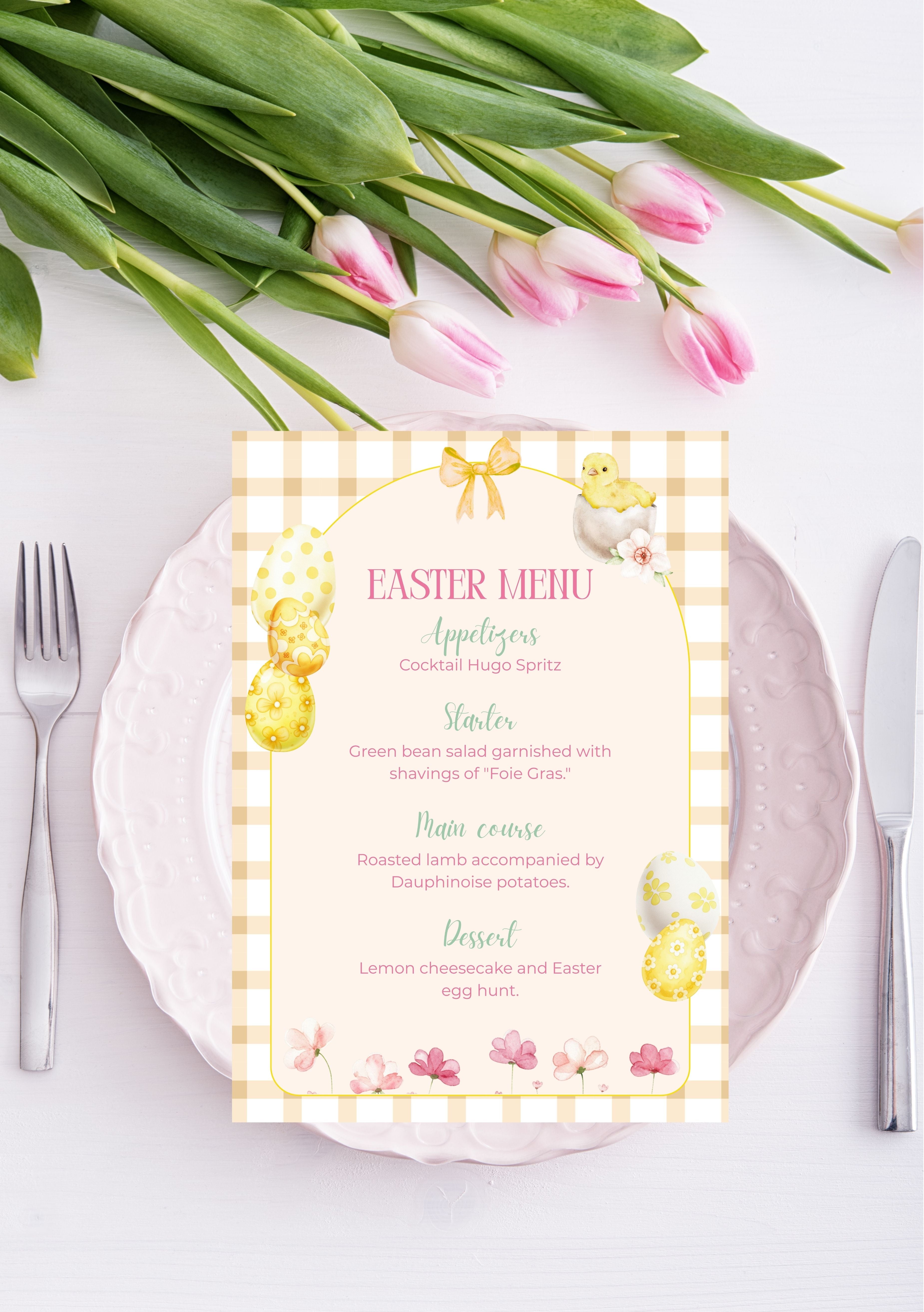 Menu de Pâques, Easter Menu dimensions 5x7 pouces (12,7x17,78 cm)