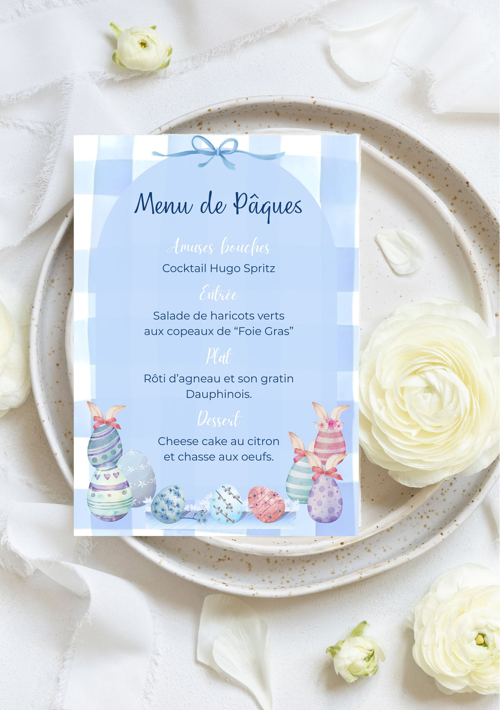 Menu de Pâques, Easter menu, dimensions 5x7 pouces (12,7x17,78 cm)