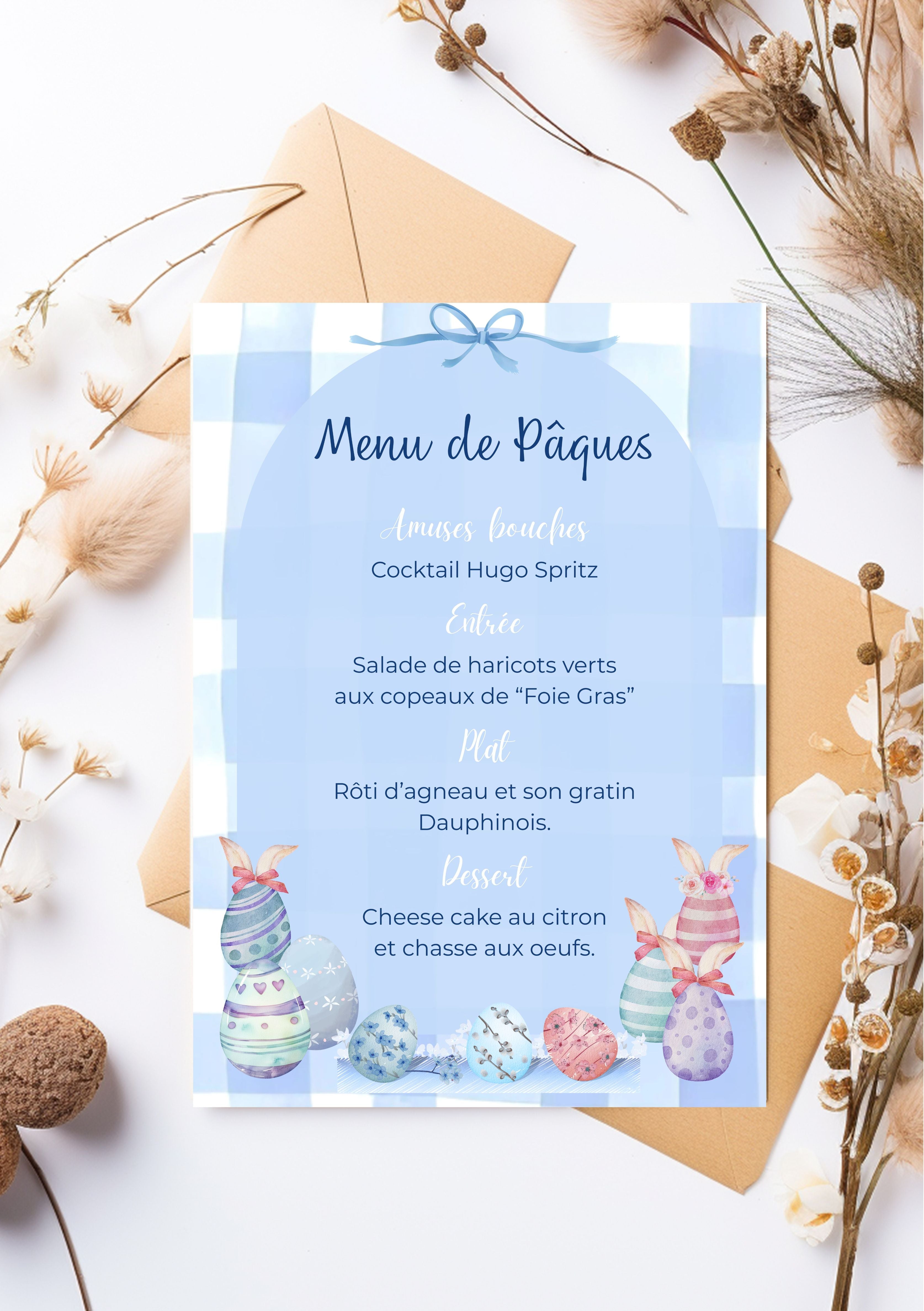 Menu de Pâques, Easter menu, dimensions 5x7 pouces (12,7x17,78 cm)