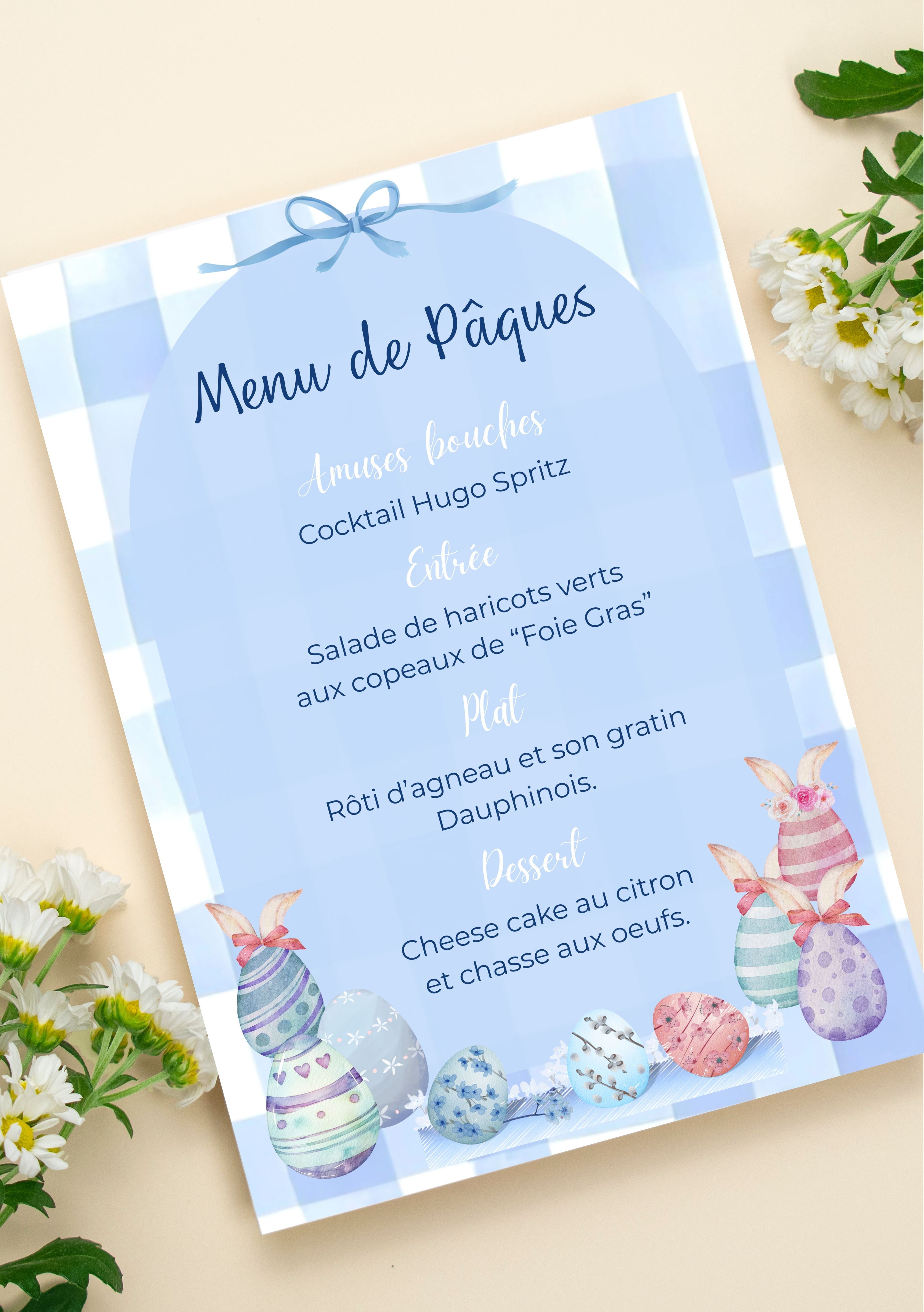 Menu de Pâques, Easter menu, dimensions 5x7 pouces (12,7x17,78 cm)
