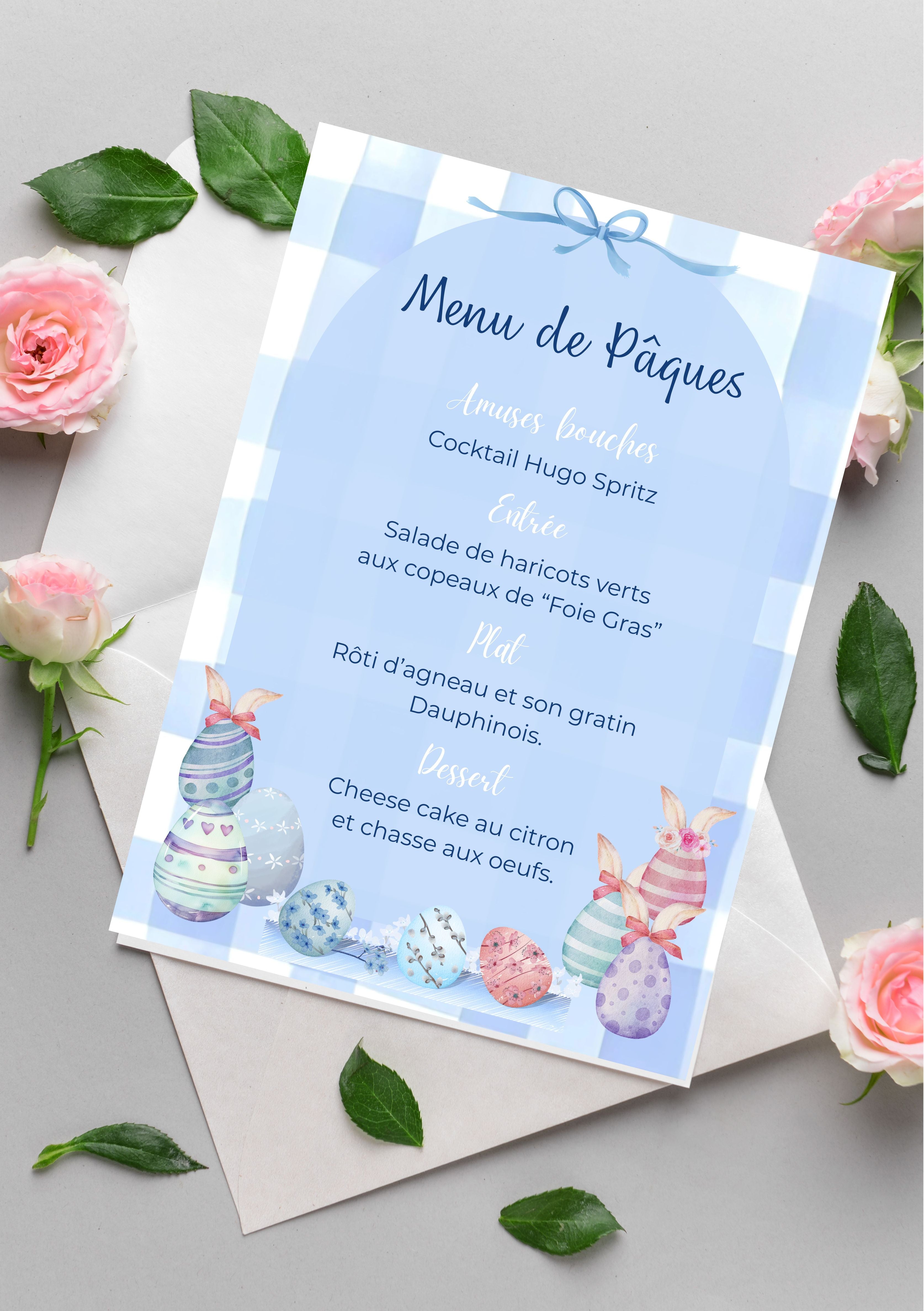 Menu de Pâques, Easter menu, dimensions 5x7 pouces (12,7x17,78 cm)