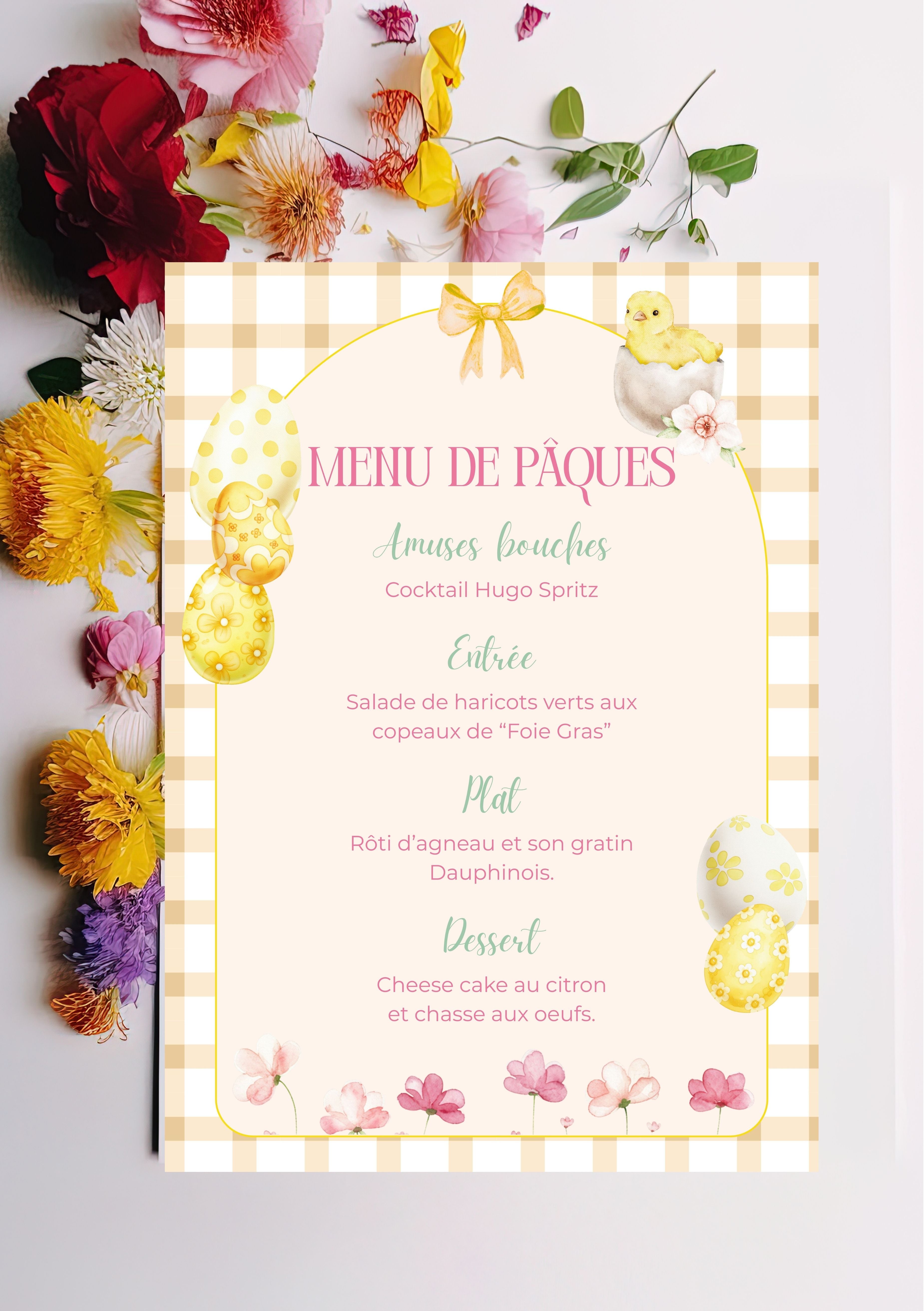 Menu de Pâques, Easter Menu dimensions 5x7 pouces (12,7x17,78 cm)